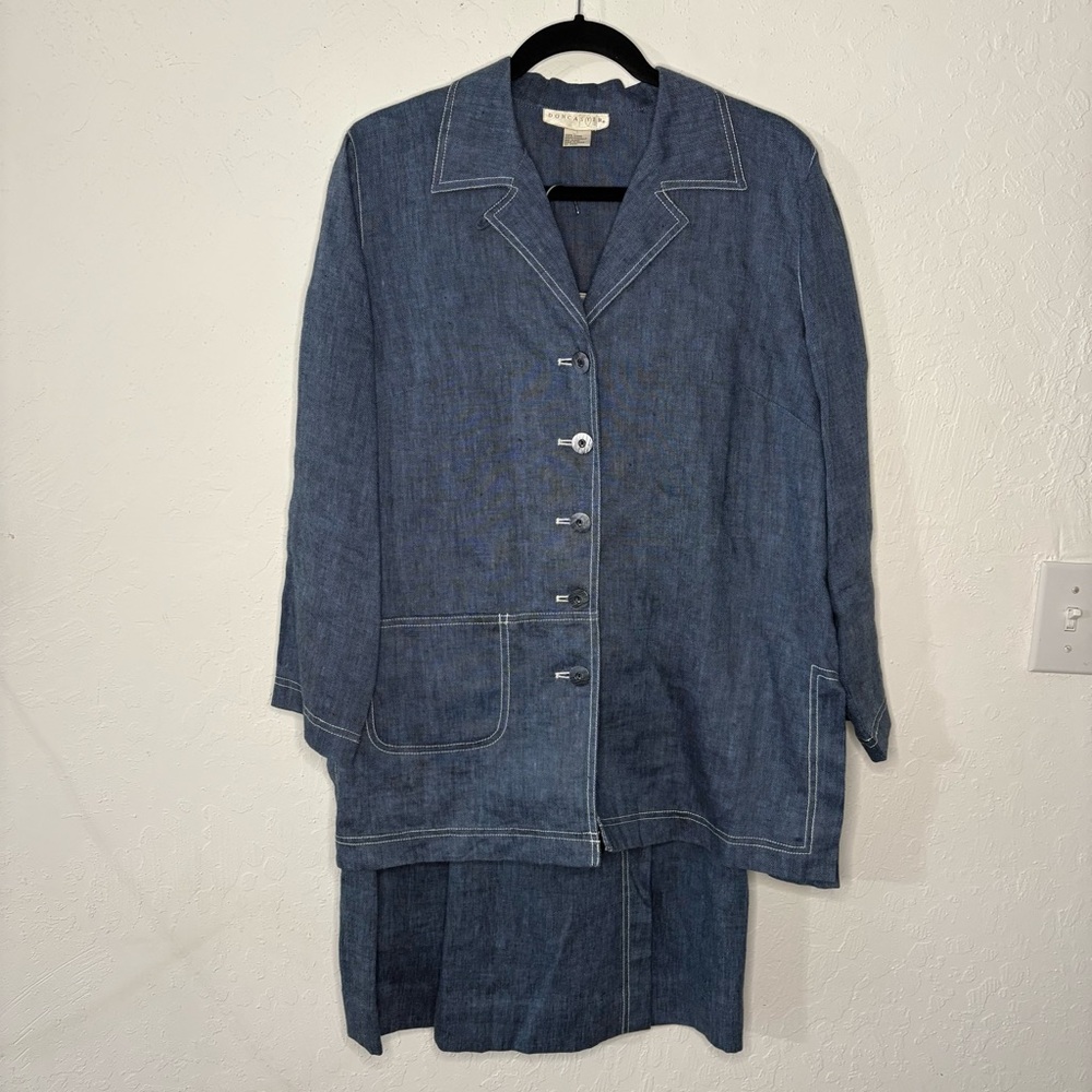 Doncaster Blue Chambray 100% Linen Jacket and Faux Wrap Skirt‎ Set Sz 6 Tie Belt